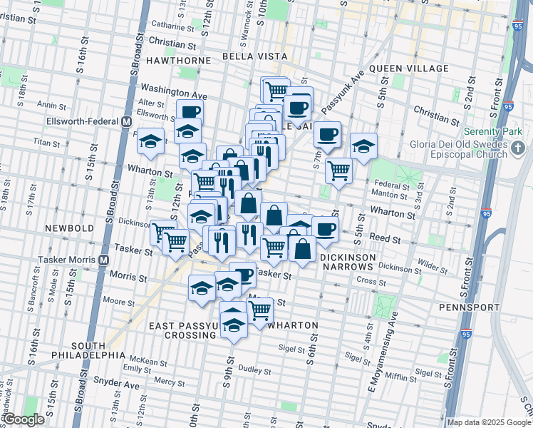 map of restaurants, bars, coffee shops, grocery stores, and more near 827 Reed Street in Philadelphia