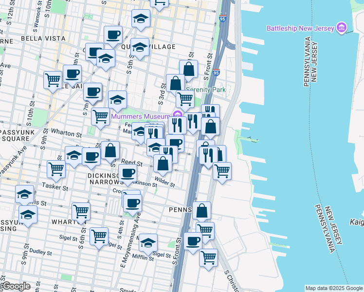 map of restaurants, bars, coffee shops, grocery stores, and more near 123 Wharton St in Philadelphia