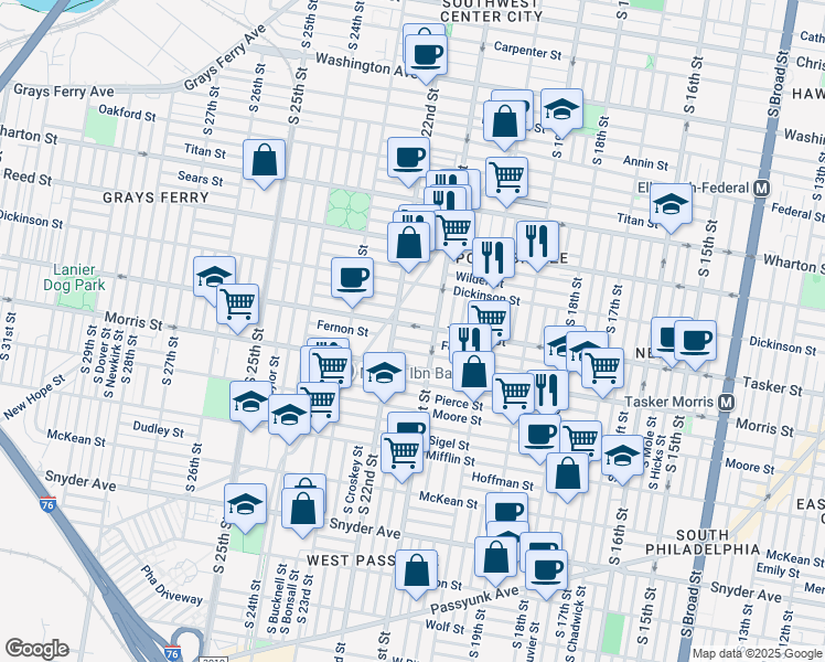 map of restaurants, bars, coffee shops, grocery stores, and more near 2128 Tasker Street in Philadelphia