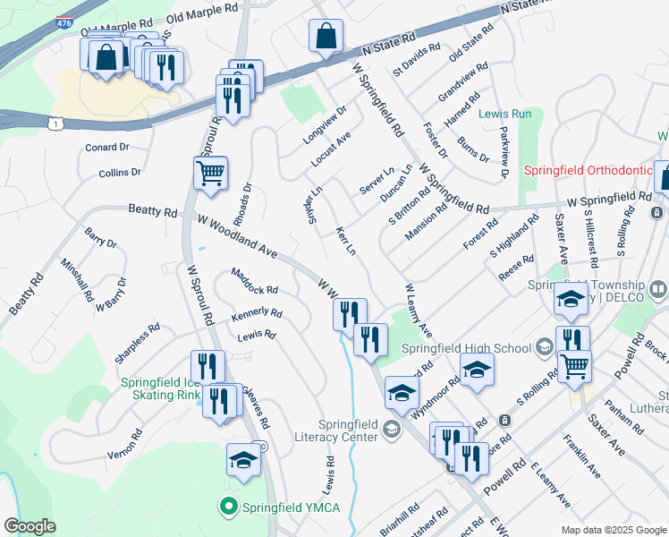 map of restaurants, bars, coffee shops, grocery stores, and more near 163 Snyder Lane in Springfield