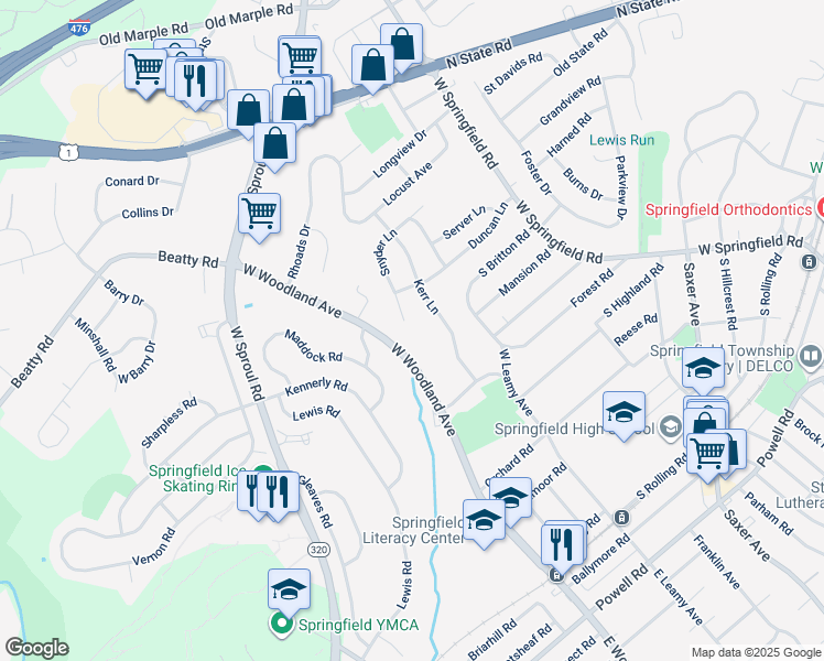 map of restaurants, bars, coffee shops, grocery stores, and more near 163 Snyder Lane in Springfield