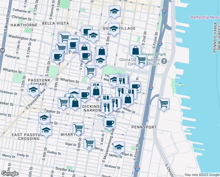 map of restaurants, bars, coffee shops, grocery stores, and more near 1300 South 4th Street in Philadelphia