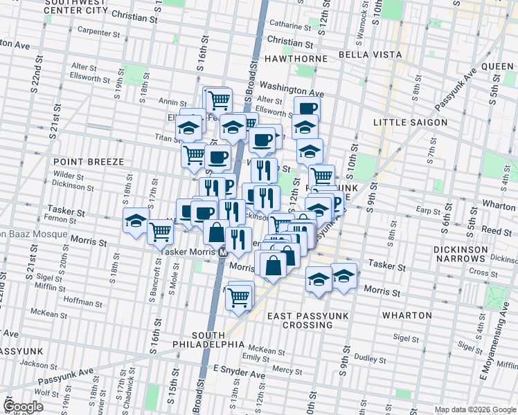 map of restaurants, bars, coffee shops, grocery stores, and more near in Philadelphia