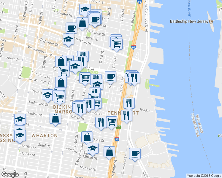 map of restaurants, bars, coffee shops, grocery stores, and more near 1231 South 2nd Street in Philadelphia