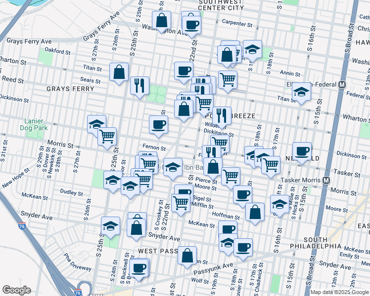 map of restaurants, bars, coffee shops, grocery stores, and more near 2128 Tasker Street in Philadelphia