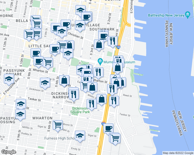 map of restaurants, bars, coffee shops, grocery stores, and more near in Philadelphia