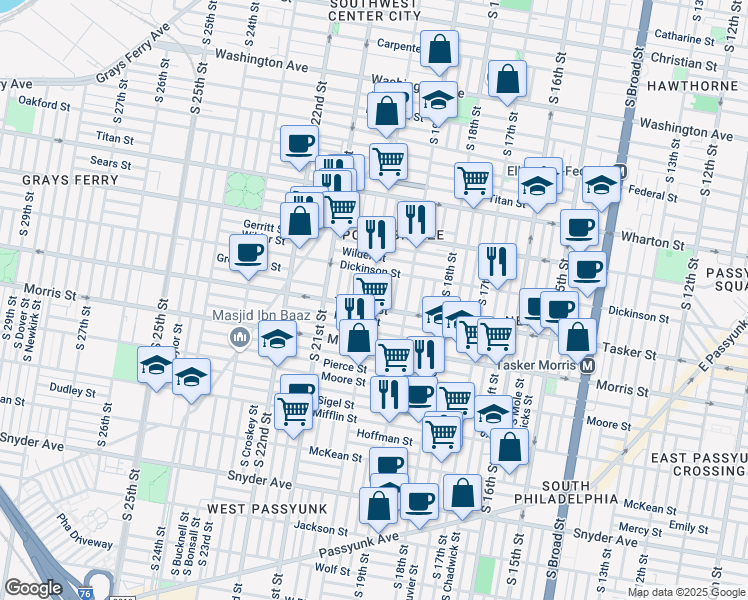 map of restaurants, bars, coffee shops, grocery stores, and more near 1541 South 20th Street in Philadelphia