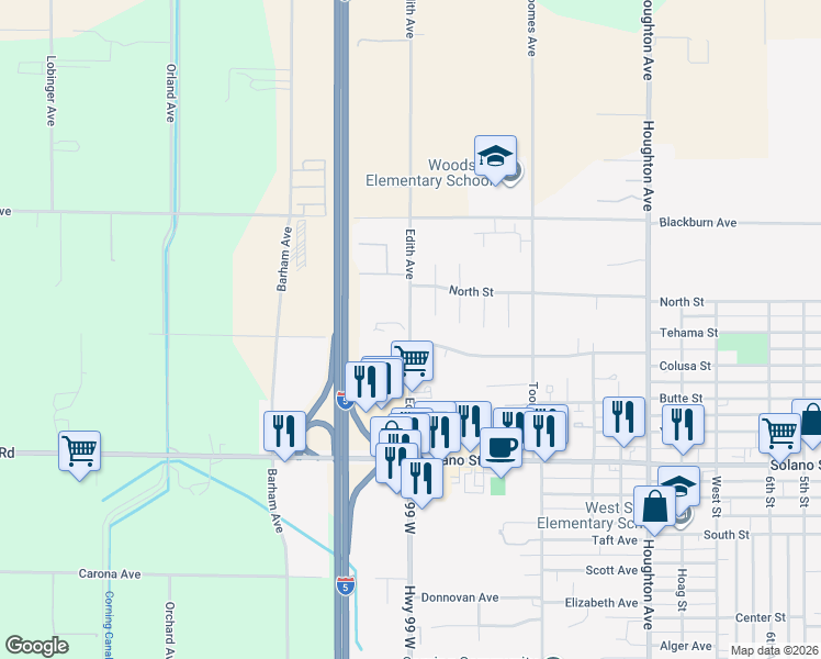 map of restaurants, bars, coffee shops, grocery stores, and more near Edith Avenue in Corning