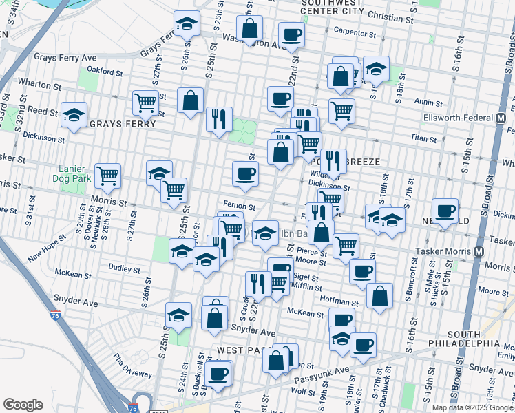 map of restaurants, bars, coffee shops, grocery stores, and more near 2207 Fernon Street in Philadelphia