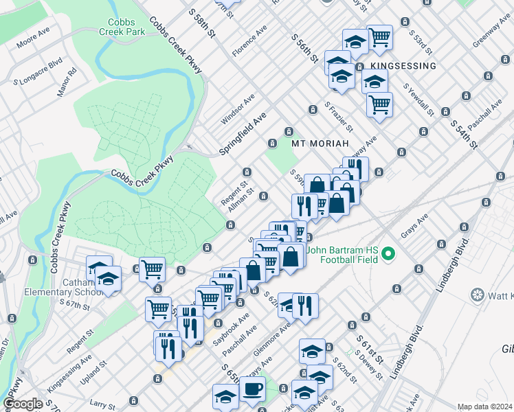 map of restaurants, bars, coffee shops, grocery stores, and more near 6024 Kingsessing Avenue in Philadelphia