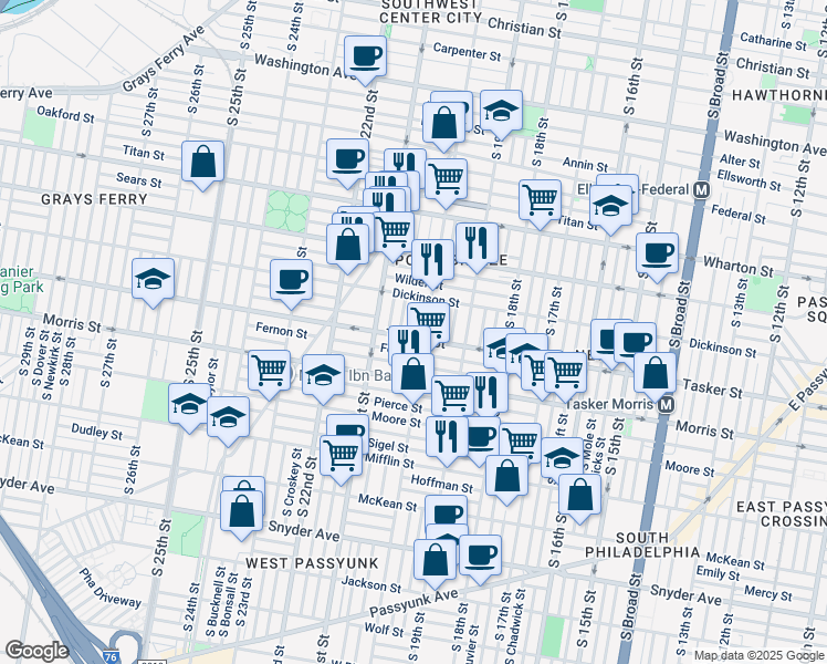 map of restaurants, bars, coffee shops, grocery stores, and more near 1549 South Woodstock Street in Philadelphia