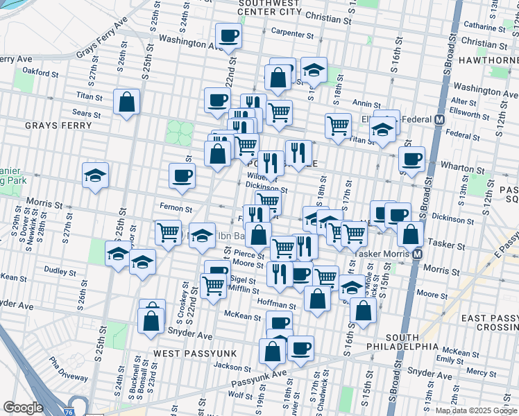 map of restaurants, bars, coffee shops, grocery stores, and more near 1549 South Woodstock Street in Philadelphia