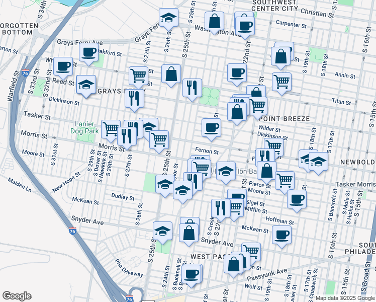 map of restaurants, bars, coffee shops, grocery stores, and more near 1626 South 24th Street in Philadelphia