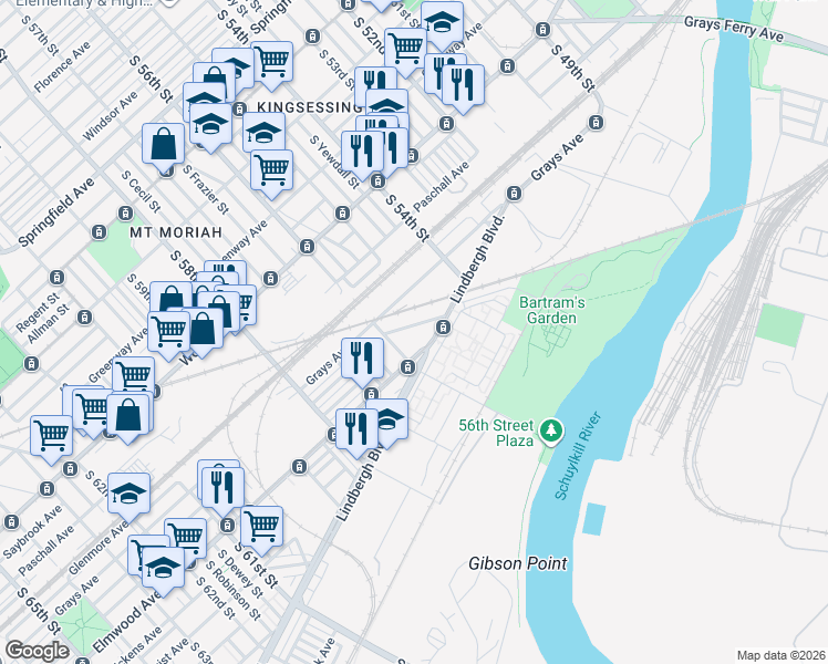map of restaurants, bars, coffee shops, grocery stores, and more near 5539 Elmwood Avenue in Philadelphia