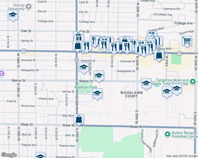 map of restaurants, bars, coffee shops, grocery stores, and more near 2500 Maine Street in Quincy