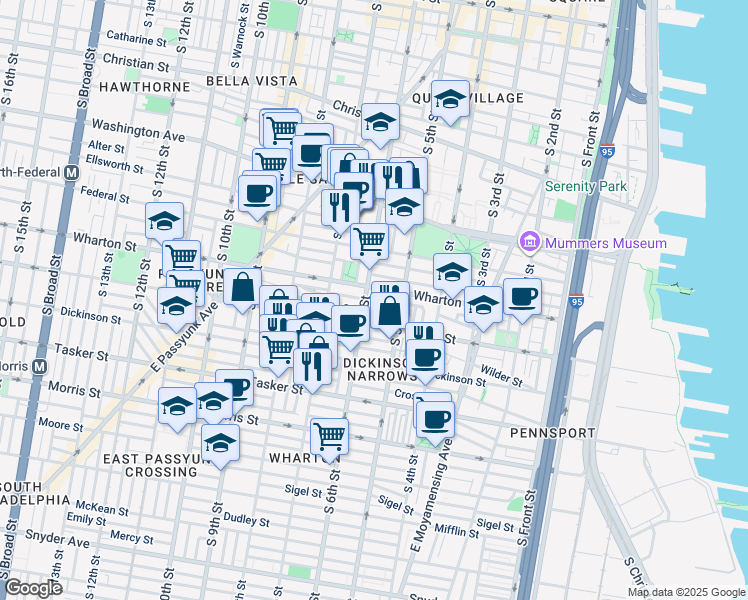 map of restaurants, bars, coffee shops, grocery stores, and more near 1314 South Fairhill Street in Philadelphia