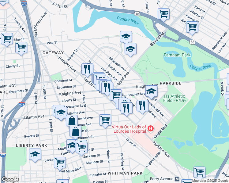 map of restaurants, bars, coffee shops, grocery stores, and more near 1364 Kaighn Avenue in Camden