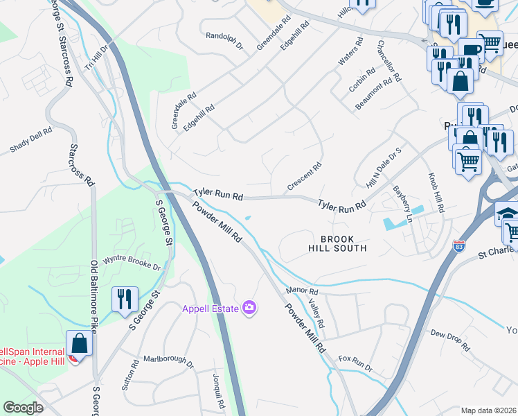 map of restaurants, bars, coffee shops, grocery stores, and more near 70 Tyler Run Road in York