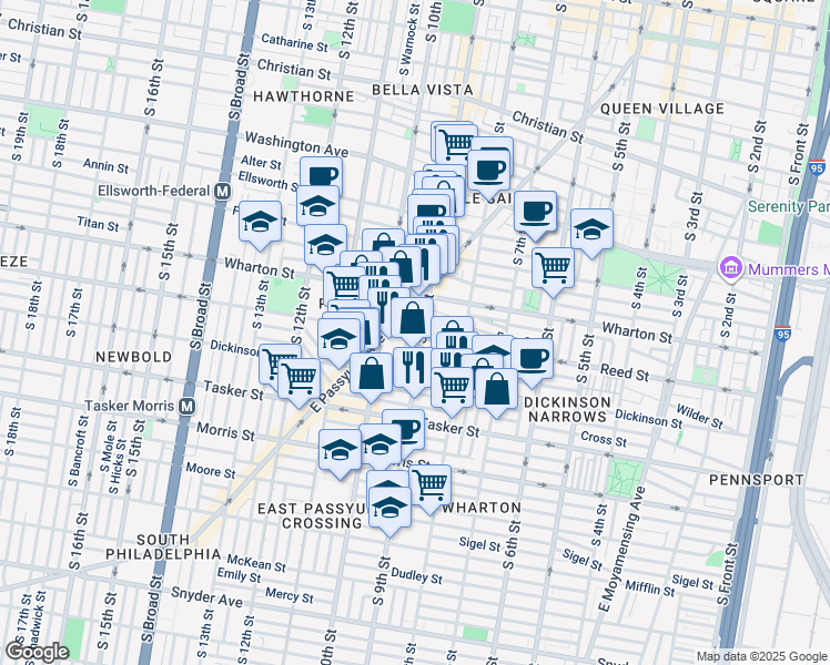 map of restaurants, bars, coffee shops, grocery stores, and more near 907 Reed Street in Philadelphia