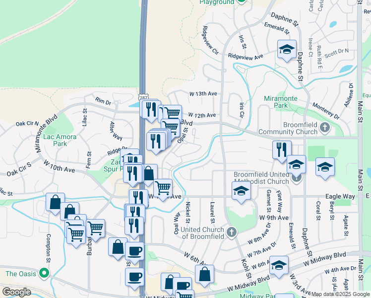 map of restaurants, bars, coffee shops, grocery stores, and more near 1136 Opal Street in Broomfield