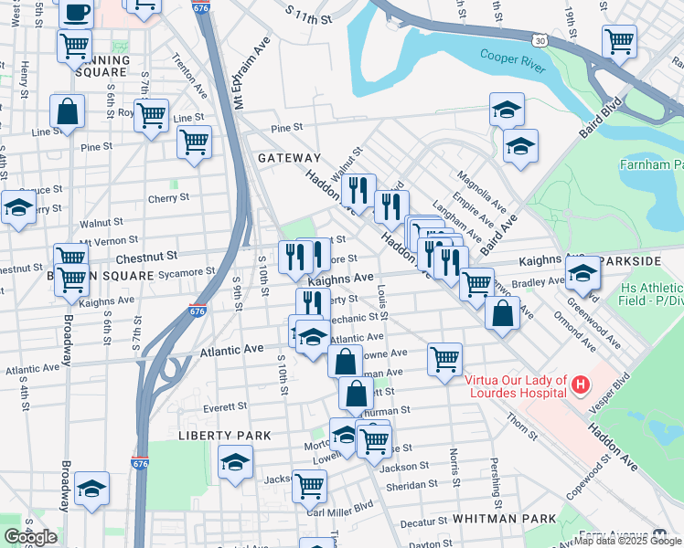map of restaurants, bars, coffee shops, grocery stores, and more near 1150 Kaighns Avenue in Camden