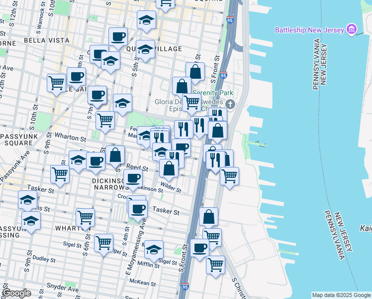 map of restaurants, bars, coffee shops, grocery stores, and more near 119 Wharton Street in Philadelphia