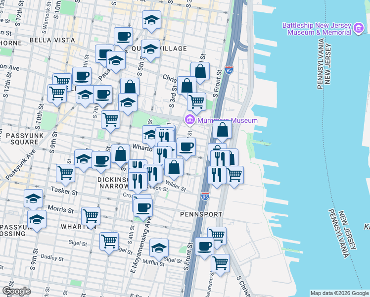 map of restaurants, bars, coffee shops, grocery stores, and more near 222 Wharton Street in Philadelphia