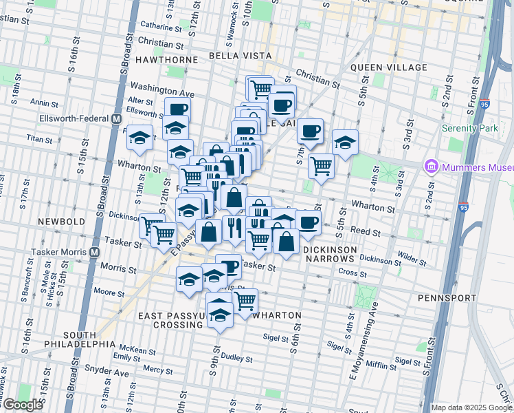 map of restaurants, bars, coffee shops, grocery stores, and more near 822 Earp Street in Philadelphia