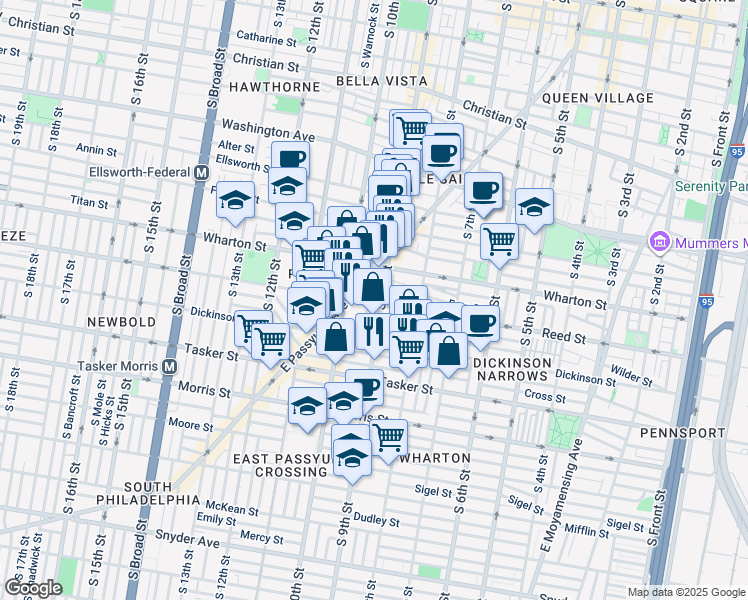 map of restaurants, bars, coffee shops, grocery stores, and more near 907 Reed Street in Philadelphia
