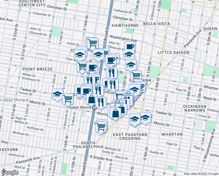 map of restaurants, bars, coffee shops, grocery stores, and more near 1307 Dickinson Street in Philadelphia