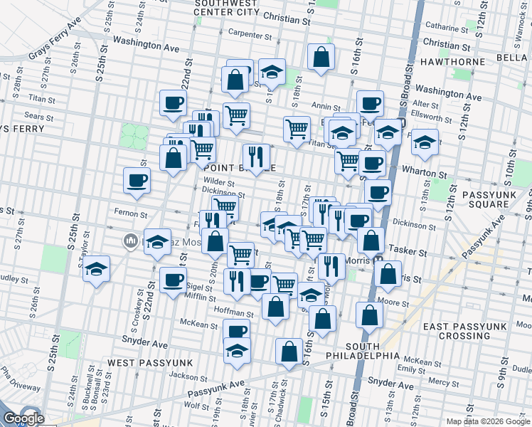 map of restaurants, bars, coffee shops, grocery stores, and more near 1819 Tasker Street in Philadelphia