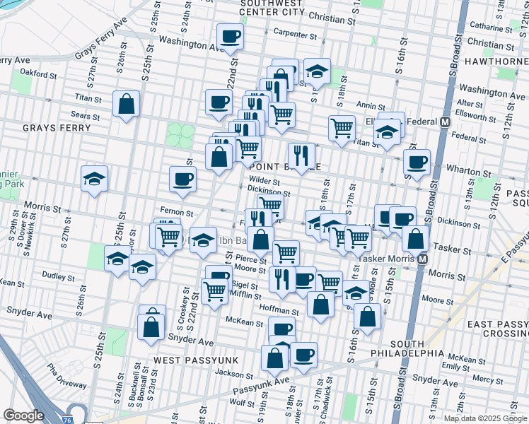 map of restaurants, bars, coffee shops, grocery stores, and more near in Philadelphia