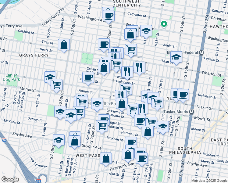 map of restaurants, bars, coffee shops, grocery stores, and more near 1556 South Lambert Street in Philadelphia