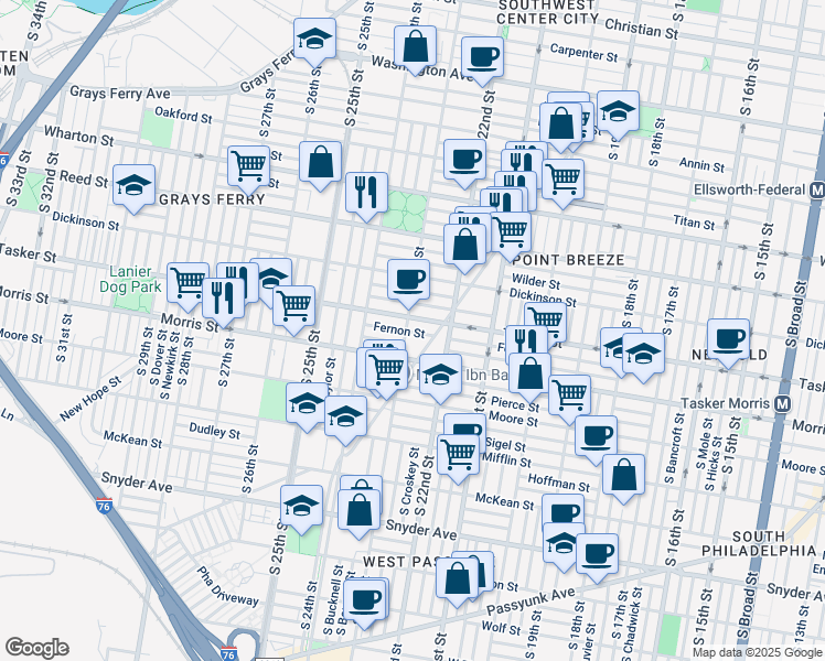 map of restaurants, bars, coffee shops, grocery stores, and more near 1639 South 23rd Street in Philadelphia
