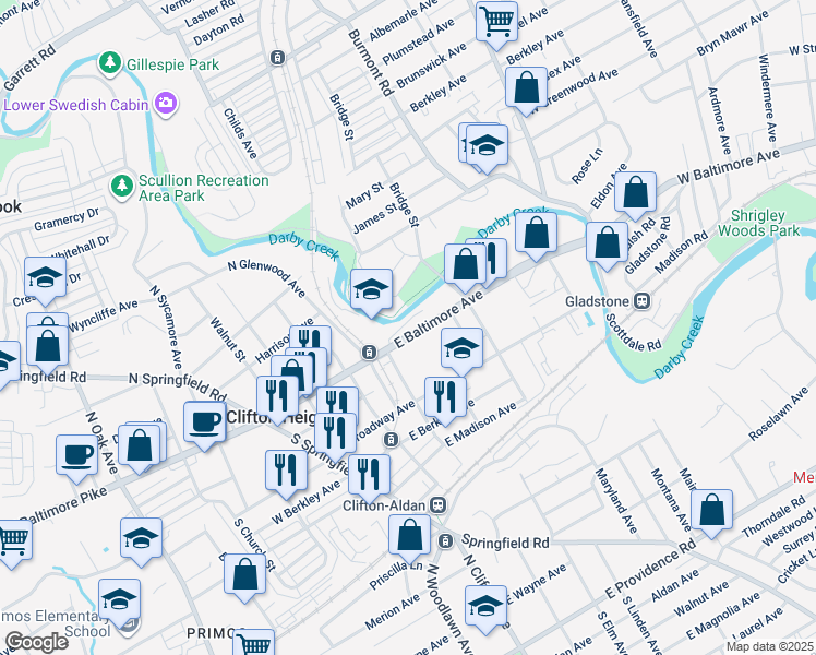 map of restaurants, bars, coffee shops, grocery stores, and more near 312 East Baltimore Avenue in Folsom