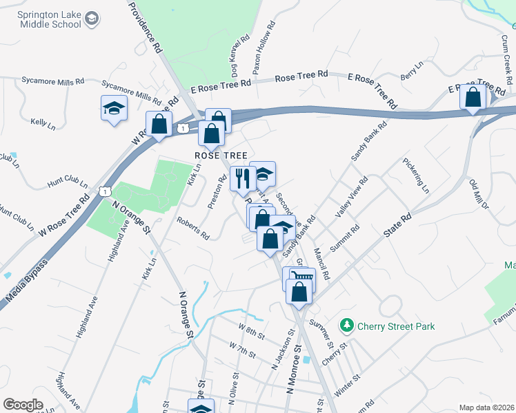 map of restaurants, bars, coffee shops, grocery stores, and more near 1008 North Providence Road in Media