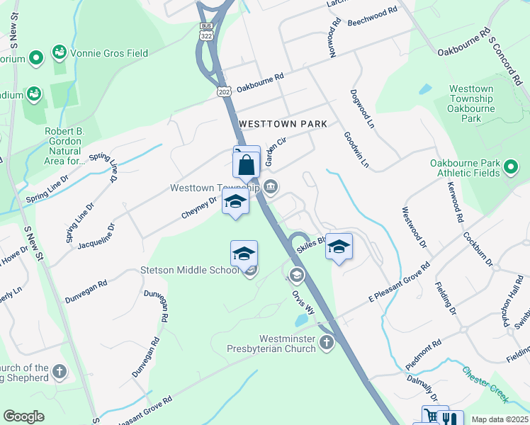 map of restaurants, bars, coffee shops, grocery stores, and more near 1045 Wilmington Pike in West Chester