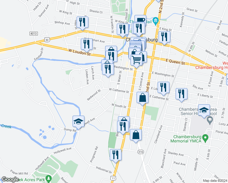 map of restaurants, bars, coffee shops, grocery stores, and more near 420 Cedar Street in Chambersburg