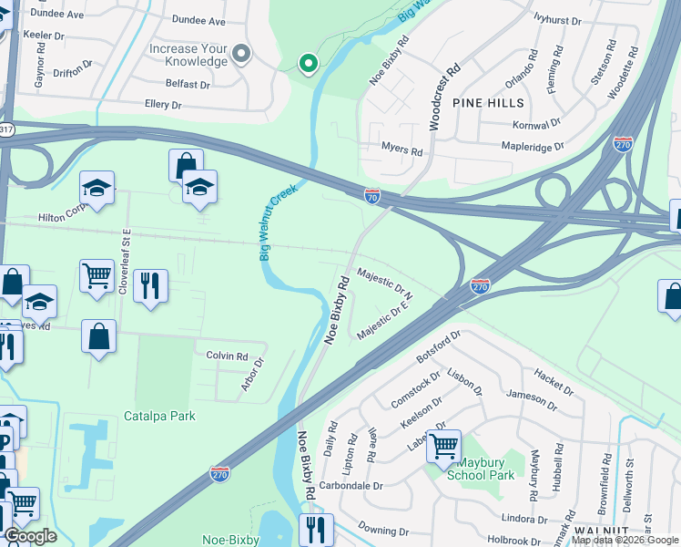 map of restaurants, bars, coffee shops, grocery stores, and more near 2219 Noe Bixby Road in Columbus