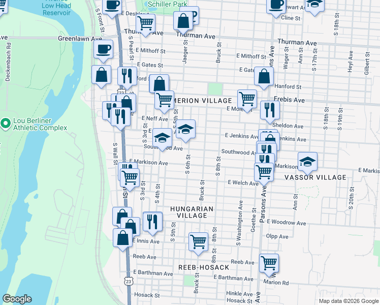 map of restaurants, bars, coffee shops, grocery stores, and more near 202 East Markison Avenue in Columbus