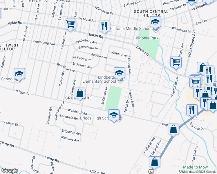 map of restaurants, bars, coffee shops, grocery stores, and more near 1142 Saint Cecelia Drive in Columbus