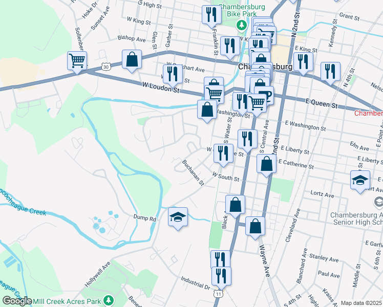 map of restaurants, bars, coffee shops, grocery stores, and more near 63 Redwood Street in Chambersburg