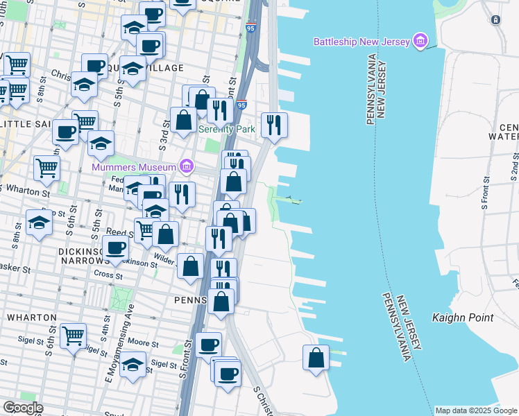 map of restaurants, bars, coffee shops, grocery stores, and more near 1215 South Christopher Columbus Boulevard in Philadelphia