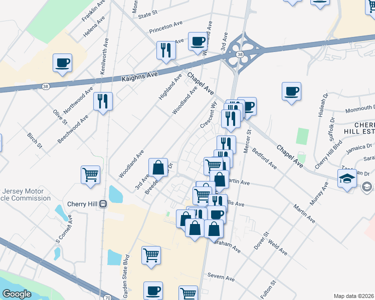 map of restaurants, bars, coffee shops, grocery stores, and more near 647 Garden Park Boulevard in Cherry Hill