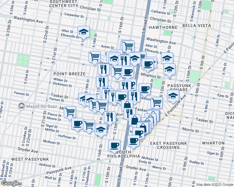 map of restaurants, bars, coffee shops, grocery stores, and more near Dickinson Street in Philadelphia
