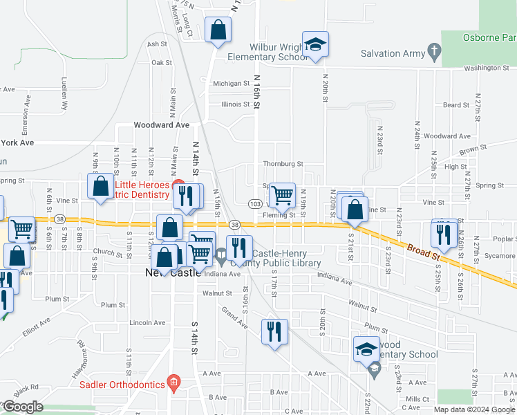 map of restaurants, bars, coffee shops, grocery stores, and more near 130 North 16th Street in New Castle