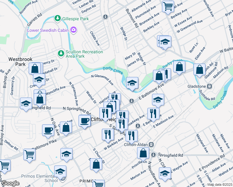 map of restaurants, bars, coffee shops, grocery stores, and more near 69 North Penn Street in Clifton Heights
