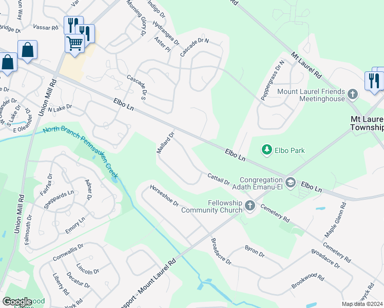 map of restaurants, bars, coffee shops, grocery stores, and more near 28 Cattail Drive in Mount Laurel
