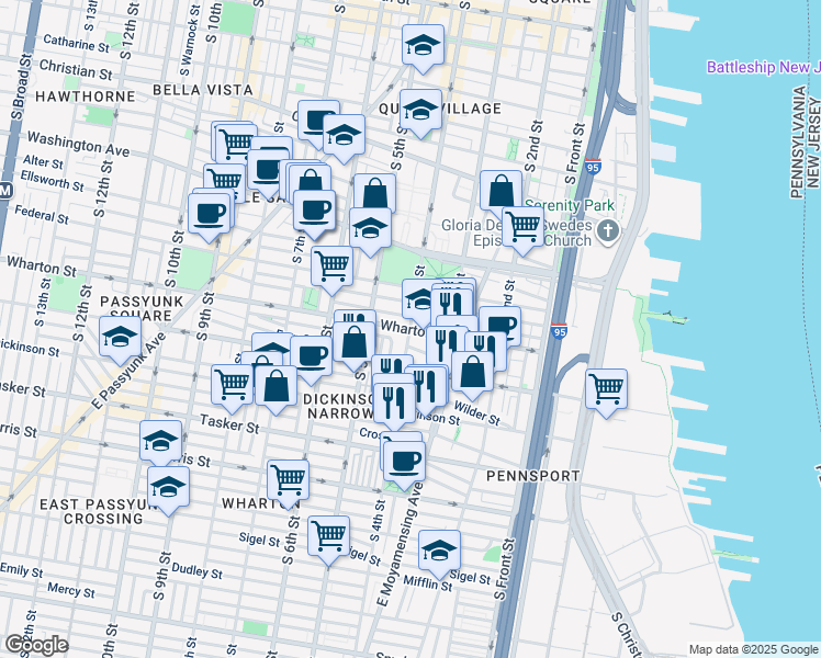 map of restaurants, bars, coffee shops, grocery stores, and more near Wharton Street & South 4th Street in Philadelphia