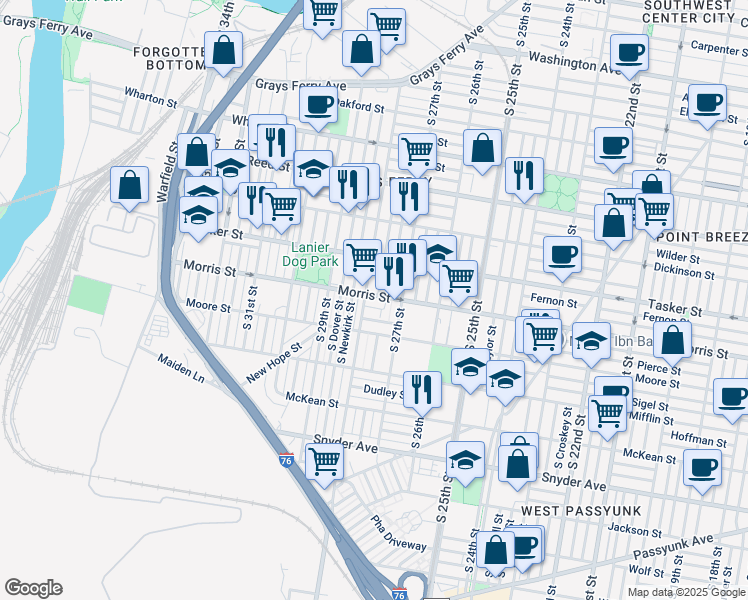 map of restaurants, bars, coffee shops, grocery stores, and more near 1701 South 28th Street in Philadelphia